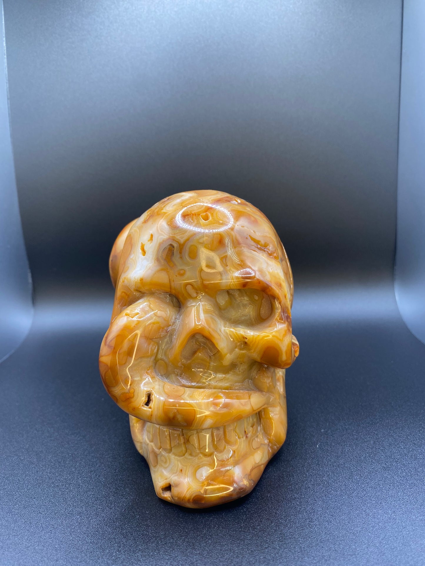 One Of A Kind Fiery Orange Mexican Lace Agate Skull With A Snake | 3.87 lb Large Crystal |