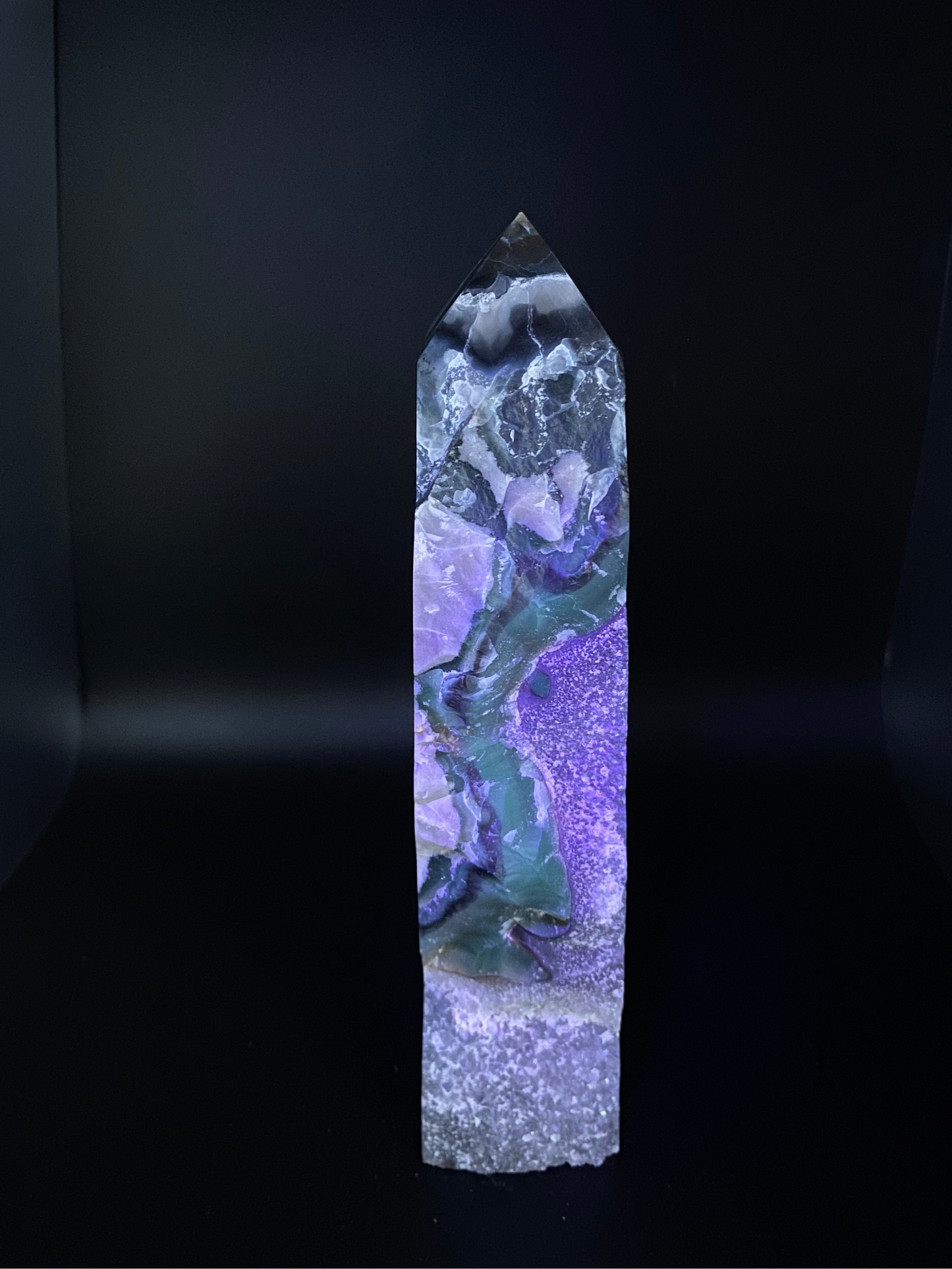 Large Volcanic Agate Tower | Druzy Crystal Point | 8” Tall – 1.6 lb