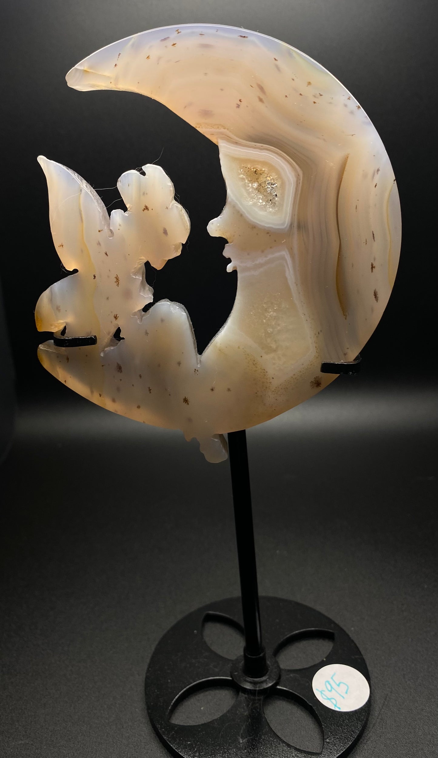 Flower Agate Moon with Fairy Carving | With Stand | 0.47 lbs