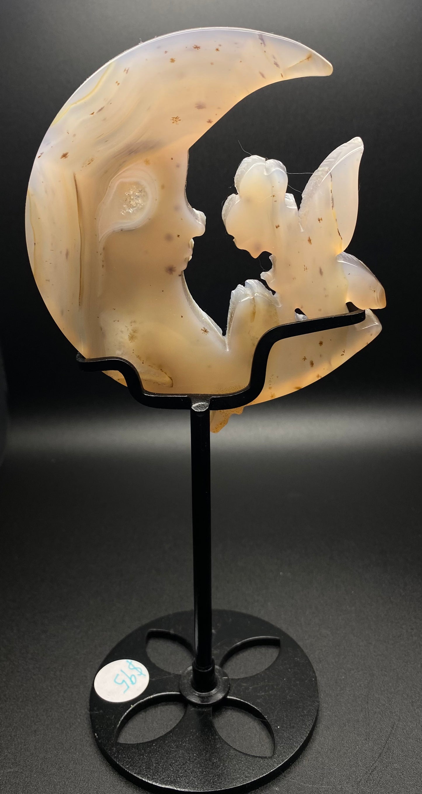 Flower Agate Moon with Fairy Carving | With Stand | 0.47 lbs